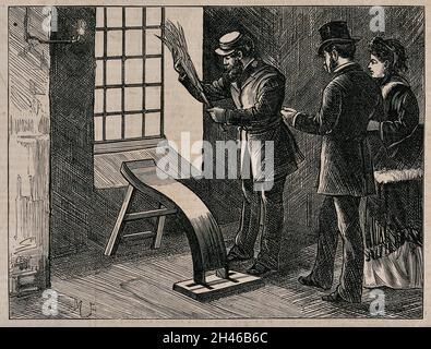 Middlesex House of Correction: Un uomo tiene in mano una betulla mentre si alza su un asse di legno sagomato posto vicino ad una finestra per i ragazzi che si scavano; un uomo e una donna guardano sopra. Incisione del legno dopo M. Fitzgerald, 1874.. Foto Stock