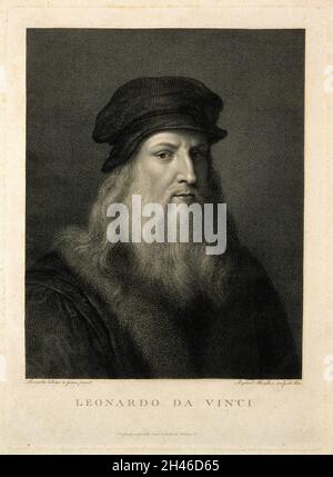 Leonardo da Vinci. Incisione di linea di R. Morghen dopo Leonardo. Foto Stock