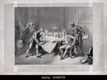 Re Luigi XVI, seduto, sta dando istruzioni a la Perouse prima della sua partenza nel 1785 per esplorare l'Oceano Pacifico. Incisione di C. Gavard dopo Sandoz (?) Dopo F. Pigeot dopo N.A. Monsiaux, 18--. Foto Stock