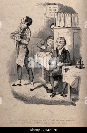 Un uomo si siede ad un tavolo in un ristorante e ordina del cibo dal cameriere che grida l'ordine alla cucina. Incisione. Foto Stock