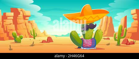 Cactus messicano con baffi in sombrero e poncho nel paesaggio desertico. Viva Mexico o cinco de mayo party, tradizionale festa latina o simbolo di festa di festa, illustrazione vettoriale Cartoon Illustrazione Vettoriale