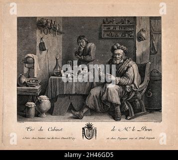 Un cassetto-dente che sorregge orgogliosamente un dente che ha appena estratto, il paziente che tiene la mascella sullo sfondo. Incisione di J. le Bas dopo D. Teniers II. Foto Stock