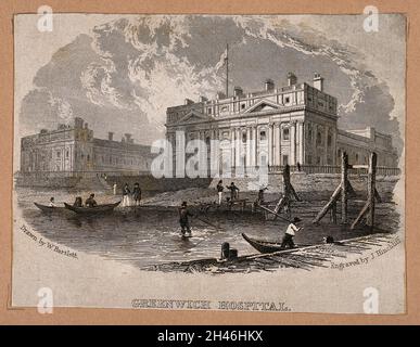 Royal Naval Hospital, Greenwich, con pescatori e fanglarks in primo piano, vista da un molo. Incisione di J. Hinchliff, 1829, dopo W. Bartlett, 1828. Foto Stock