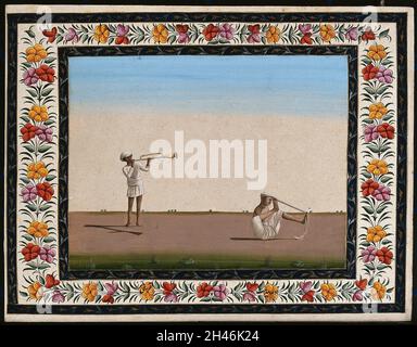 Due uomini indiani: (A sinistra) soffiando uno strumento simile a una tromba e (a destra) un uomo senza armi che legava un turbante sulla testa con i piedi. Pittura gouache di un artista indiano. Foto Stock