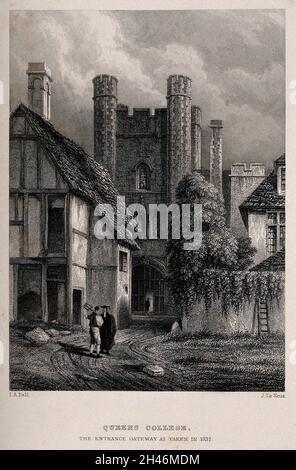 Queen's College, Oxford: La porta d'ingresso nel 1837. Incisione di linea di J. le Keux dopo il campanello di I.A. Foto Stock
