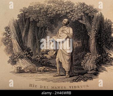 Galen, in piedi in una glata, guarda uno scheletro umano a terra. Incisione di H.F. Rosa, 1820. Foto Stock