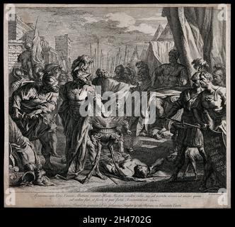 Il Calvario di Gaius Mucius Scaevola con il fuoco: Gaius Mucius tiene il suo braccio teso sopra il fuoco che bava in un calderone davanti al re, guardato da una folla di soldati. Acquaforte di J. Goupy, 1726. Foto Stock