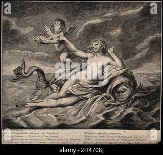 Venere adagiato su un pesce in mare; Cupido vola sopra di lei tenendo un guscio di ostriche e perle. Incisione dopo P.C. Tremolière. Foto Stock