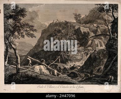 Operai che abbattono alberi e spostano i tronchi sul lato di una montagna. Incisione di Giovanni Volpato dopo Marco Ricci. Foto Stock