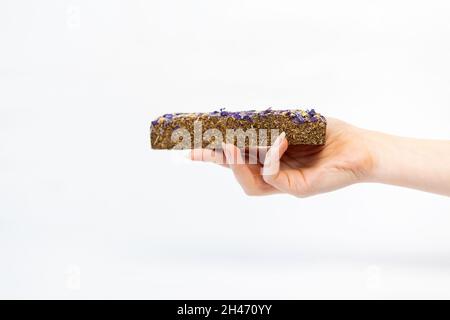 La mano di una donna contiene un pellet secco per l'alimentazione degli animali domestici. Sfondo bianco. Primo piano. Il concetto di una dieta equilibrata per gli animali domestici. Foto Stock