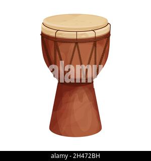 Tamburo djembe africano in stile cartone animato isolato su sfondo bianco. Strumento musicale tradizionale etnico. Illustrazione vettoriale Illustrazione Vettoriale