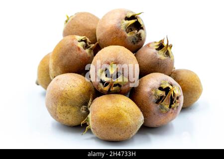 Medlar comune su sfondo bianco. Insieme con l'ombra comune mature Medlar. Primo piano Foto Stock