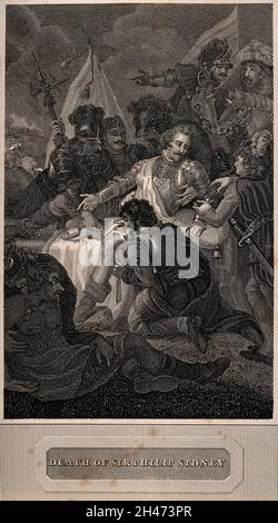 La morte di Sir Philip Sidney nella battaglia di Zutphen. Incisione della linea. Foto Stock