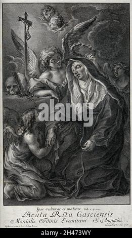 Santa Rita da Cascia. Incisione di linea di J. Frey, 1736, dopo Giacinto Brandi. Foto Stock