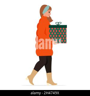 Donna vestita con abiti caldi, porta la scatola regalo. Natale, biglietto stagionale invernale. Illustrazione piatta vettoriale, stile retrò Illustrazione Vettoriale