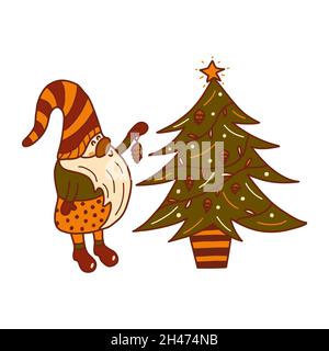 Carino gnome di Natale si trova accanto all'albero e appende un giocattolo cono di pino. Disegno vettoriale colorato disegnato a mano isolato. Buon Natale e h Illustrazione Vettoriale