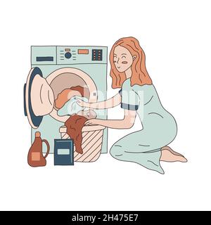 Donna felice sta mettendo la lavanderia nella lavatrice. Lavanderia. La polvere di lavaggio e l'ammorbidente sono accanto al cesto per bucato. Isola vettoriale colorata Illustrazione Vettoriale