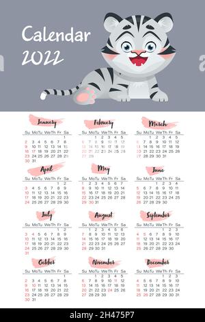 Calendario verticale 2022 per gli Stati Uniti con illustrazione della tigre, anno simbolo. Griglia del calendario in inglese Illustrazione Vettoriale