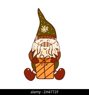 Carino gnome di Natale piccolo è seduto e tenendo una scatola con un regalo. Disegno vettoriale colorato carta isolata disegnata a mano. Buon Natale e felice Illustrazione Vettoriale