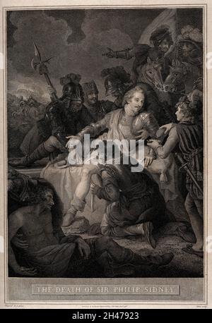 La morte di Sir Philip Sidney nella battaglia di Zutphen. Incisione di linea di J. Stow, 1796, dopo J.B. Rigaud. Foto Stock