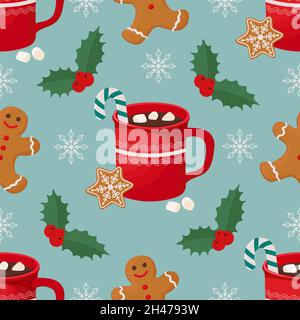 Natale senza cuciture con cioccolata calda e pan di zenzero. Illustrazione di un cartoon vettoriale Illustrazione Vettoriale