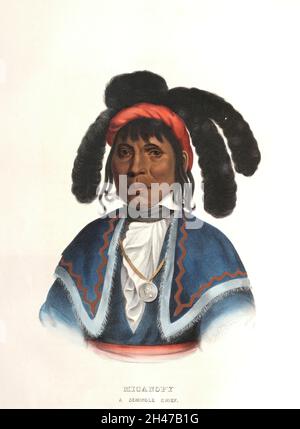 Micanopy (c. 1780 – dicembre 1848 o gennaio 1849), noto anche come Micco-Nuppe, Michenopah, Miccanopa e Mico-an-opa, e Sint-chakkee ("laghetto frequenter", come era noto prima di essere stato selezionato come capo), Fu il capo principale dei Seminole durante la seconda Guerra dei Seminole. Litografia colorata a mano di un ritratto del libro 'Storia delle tribù indiane del Nord America con bozzetti biografici e aneddoti dei capi principali. ' Volume 2 di 3 di Thomas Loraine, McKenney, e James Hall Esq. Pubblicato nel 1842 dipinto da Charles Bird King Foto Stock