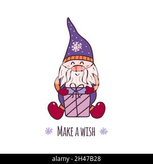 Carino gnome di Natale piccolo è seduto e tenendo una scatola con un regalo. Iscrizione fare un desiderio. Illustrazione vettoriale colorata carta isolata disegnata a mano o Illustrazione Vettoriale