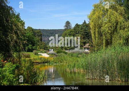 Teich, Kurpark, Bad Pyrmont, Niedersachsen, Germania Foto Stock