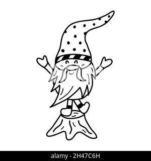 Carino piccolo Natale o gnome giardino si leva su un ceppo di albero e canta una canzone. Illustrazione vettoriale in bianco e nero disegnata a mano isolata Illustrazione Vettoriale