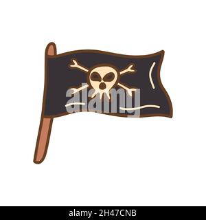 Bandiera dei pirati con cranio e ossa incrociate. Vettore colorato isolato illustrazione disegnata a mano singolo Illustrazione Vettoriale