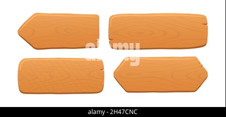 Tavole, tavole e frecce in legno in stile cartoon con dettagli incrinati. Elemento di interfaccia con texture in legno. Illustrazione vettoriale isolata su Illustrazione Vettoriale