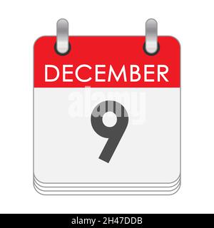 9 dicembre. Una foglia del calendario flip con la data del 9 dicembre. Stile piatto. Illustrazione Vettoriale