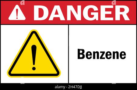Segnale di pericolo benzene. Simboli e simboli di avvertenza per sostanze chimiche pericolose. Illustrazione Vettoriale