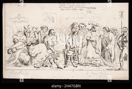 La regina Caroline, moglie di re Giorgio IV, è salutata da persone di Marylebone. Incisione per Th. Gancio, 1820. Foto Stock