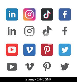 Popolare raccolta di logotipi di social media: Facebook, TikTok, instagram, twitter, youtube, linkedin, pinterest, periscope, vimeo. Illustrazione Vettoriale
