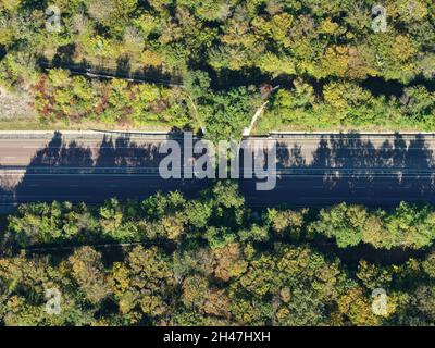 VISTA AEREA VERTICALE. Cavalcavia costruito per consentire l'attraversamento della fauna selvatica. Autostrada A5, Châteauvillain, Haute-Marne, Champagne-Ardenne, Grand Est, Francia. Foto Stock