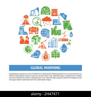 Poster rotondo riscaldamento globale con posto per il testo. Banner problemi di ecologia. Illustrazione vettoriale. Illustrazione Vettoriale