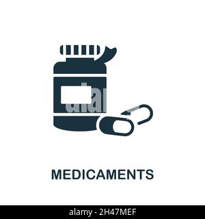 Icona farmaci. Segno monocromatico dalla collezione di psicoterapia. Illustrazione icona di farmaci creativi per il web design, infografica e altro ancora Illustrazione Vettoriale