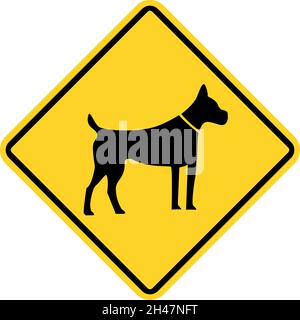 Attenzione al cartello del cane. Sfondo giallo diamante. Simboli e segnali di sicurezza. Illustrazione Vettoriale