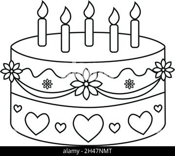 Torta di compleanno con il cartello con le candele accese. Progettazione grafica vettoriale. Illustrazione Vettoriale