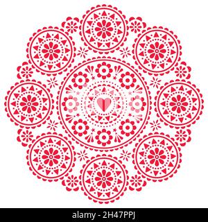 Modello mandala decorativo vettoriale in stile folcloristico scandinavo con fiori e cuori, biglietto di auguri per San Valentino o disegno di invito al matrimonio Illustrazione Vettoriale