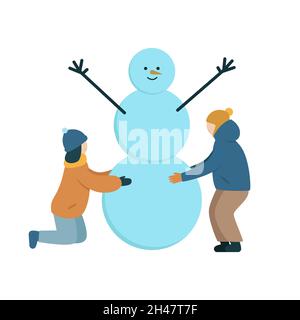 I bambini stanno costruendo un pupazzo di neve. Ragazzo e ragazza si divertono Illustrazione Vettoriale