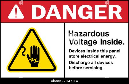 Segnale di pericolo per tensione pericolosa all'interno. I dispositivi in questo pannello immagazzinano energia elettrica. Cartelli ed etichette di sicurezza. Illustrazione Vettoriale
