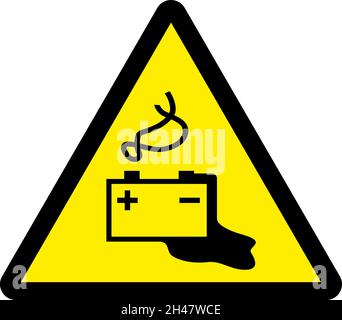 Segnale di pericolo di carica della batteria. Nero su sfondo triangolare giallo. Simboli e segnali di sicurezza pericolosi. Illustrazione Vettoriale