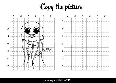 Consente di copiare la foto. Disegna per griglia. Colorare pagine di libri per bambini. Pratica di scrittura, addestramento di abilità di disegno. Foglio di lavoro stampabile per lo sviluppo dell'istruzione. Illustrazione Vettoriale