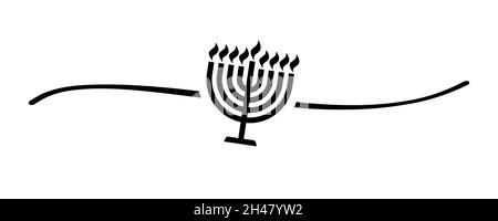 Forma disegnata a mano manora nera con linea di schizzo carina, forma divisoria. Hanukka icona a candelabro di colore nero con otto rami isolati su bianco Illustrazione Vettoriale