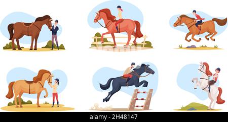 Cavalieri equestri. Cavalli nazionali neri e bianchi bruni con cavalieri esatto vettore cartoon illustrazione isolato Illustrazione Vettoriale