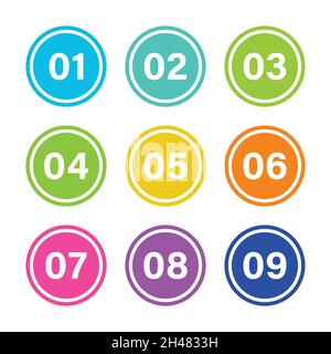 Numero punti elenco quadrato piatto su sfondo bianco. Colore colorato con numeri da 01 a 09 per il tuo progetto. Illustrazione vettoriale Illustrazione Vettoriale