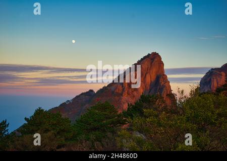 La bella e poetica vista del Monte Huangshan al tramonto. Paesaggio del Monte Huangshan (montagna gialla). Sito patrimonio dell'umanità dell'UNESCO. Anhui Provinc Foto Stock