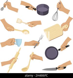 Utensili da cucina. Mani che tengono vari articoli per la preparazione di prodotti cucina oggetti piatti cucchiai forchette pentole illustrazioni vettoriali recenti Illustrazione Vettoriale